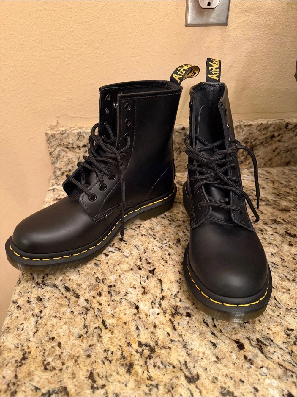 Dr. Martens Black Leather 8-Eye Lace-Up Boots with Yellow Stitching - Picture 1 of 6